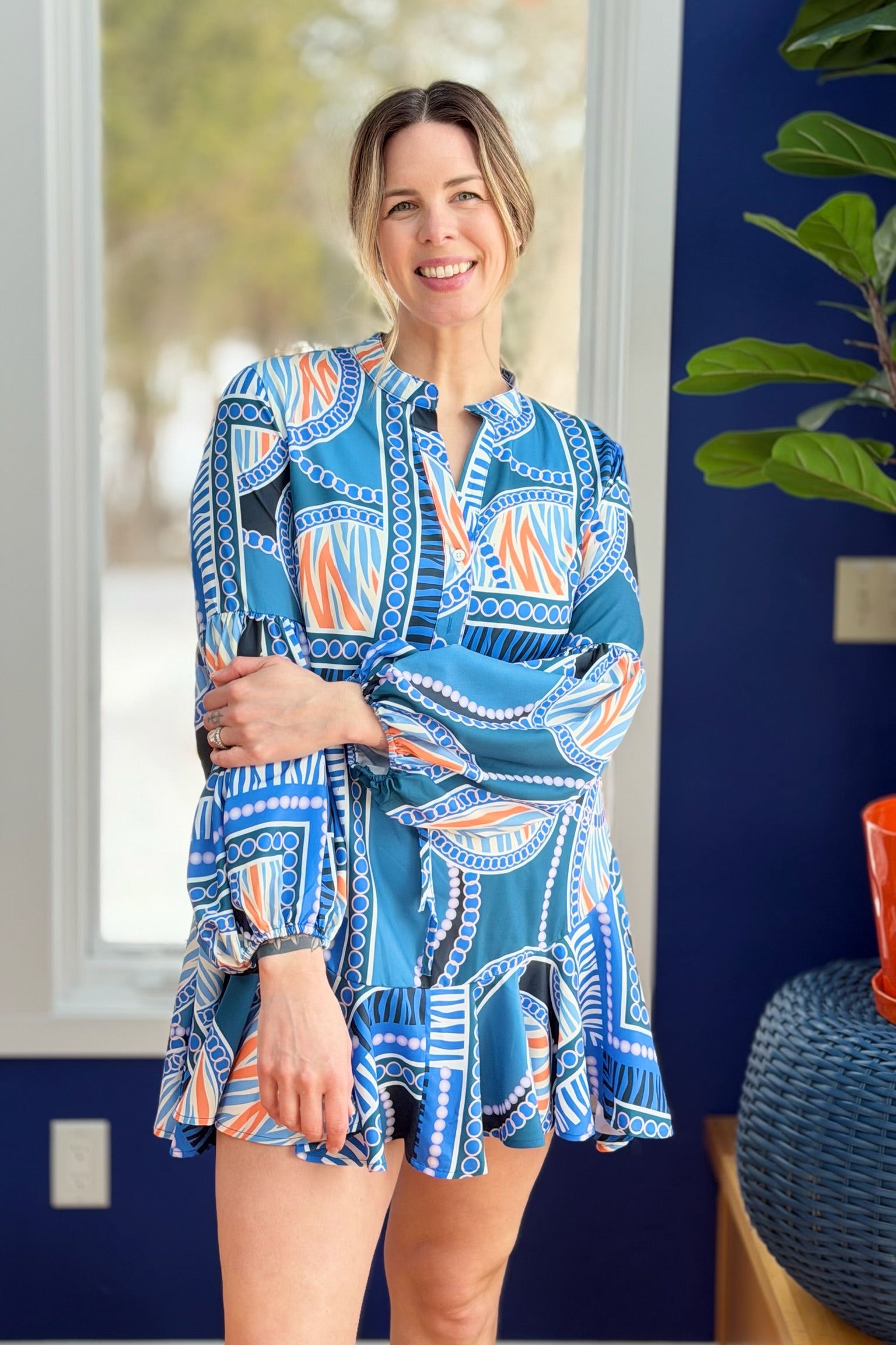 Elastic Cuff Balloon Sleeve Dress - Blue