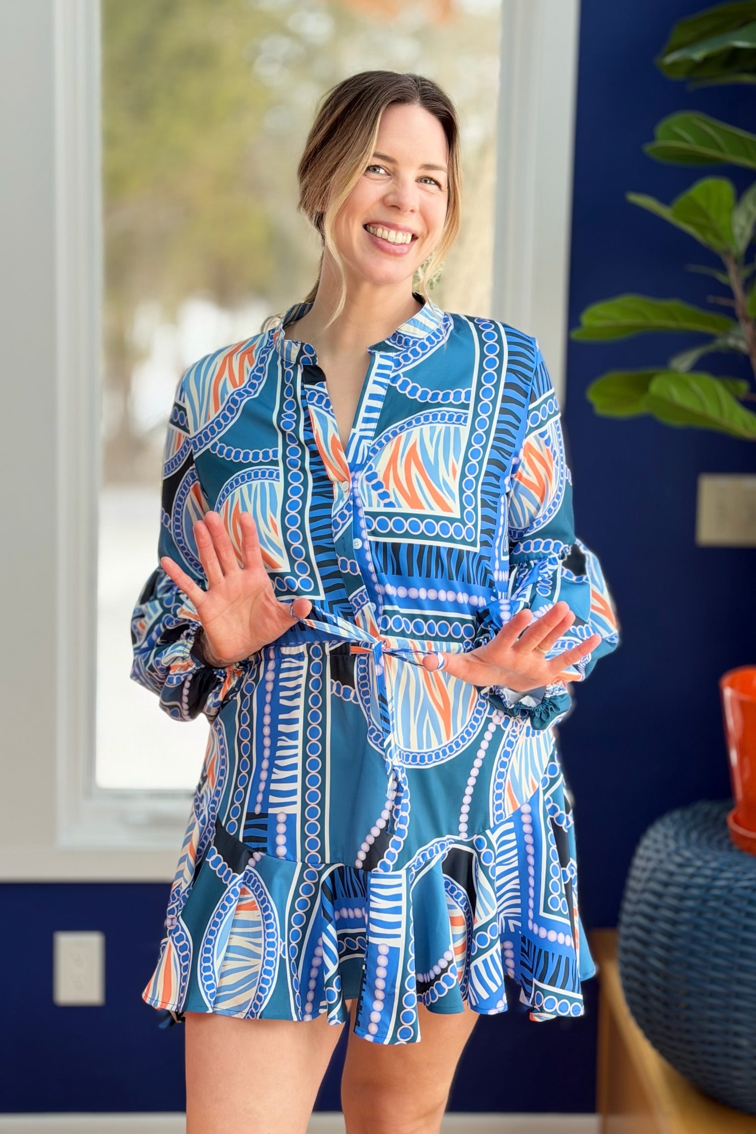 Elastic Cuff Balloon Sleeve Dress - Blue
