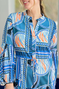 Elastic Cuff Balloon Sleeve Dress - Blue