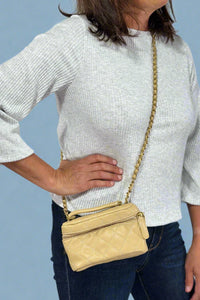 Quilted Top Handle Chain Strap Bag - Beige