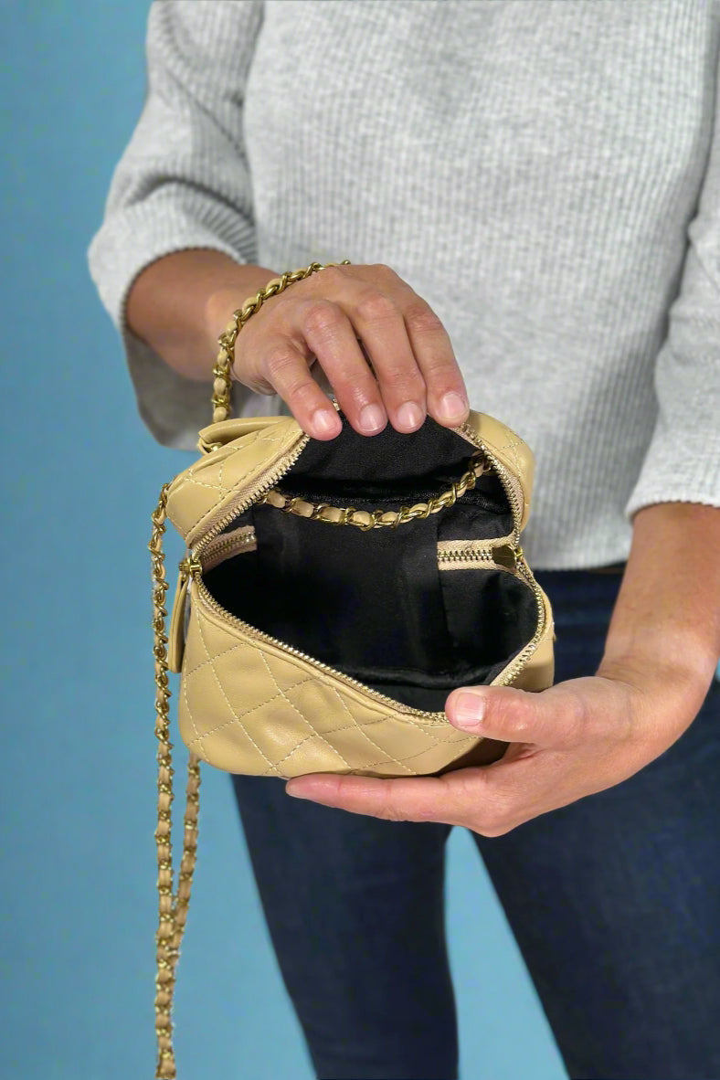 Quilted Top Handle Chain Strap Bag - Beige