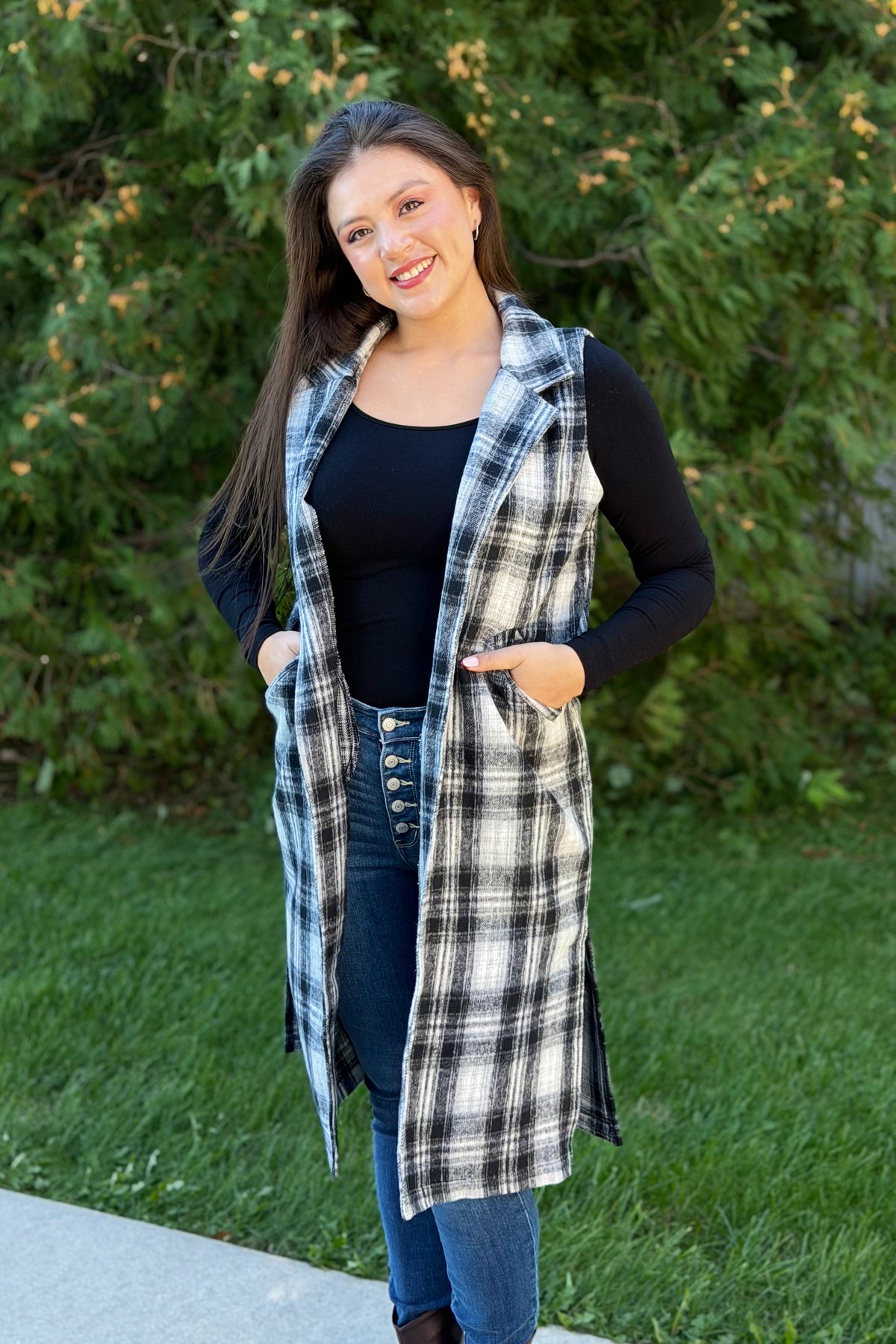 Plaid Sleeveless Long Open Vest - Charcoal