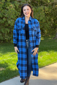 Long Plaid Jacket - Blue & Black