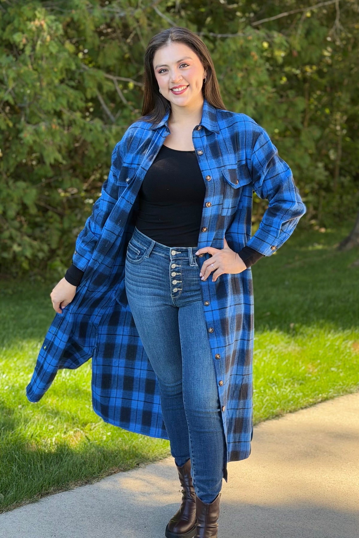 Long Plaid Jacket - Blue & Black
