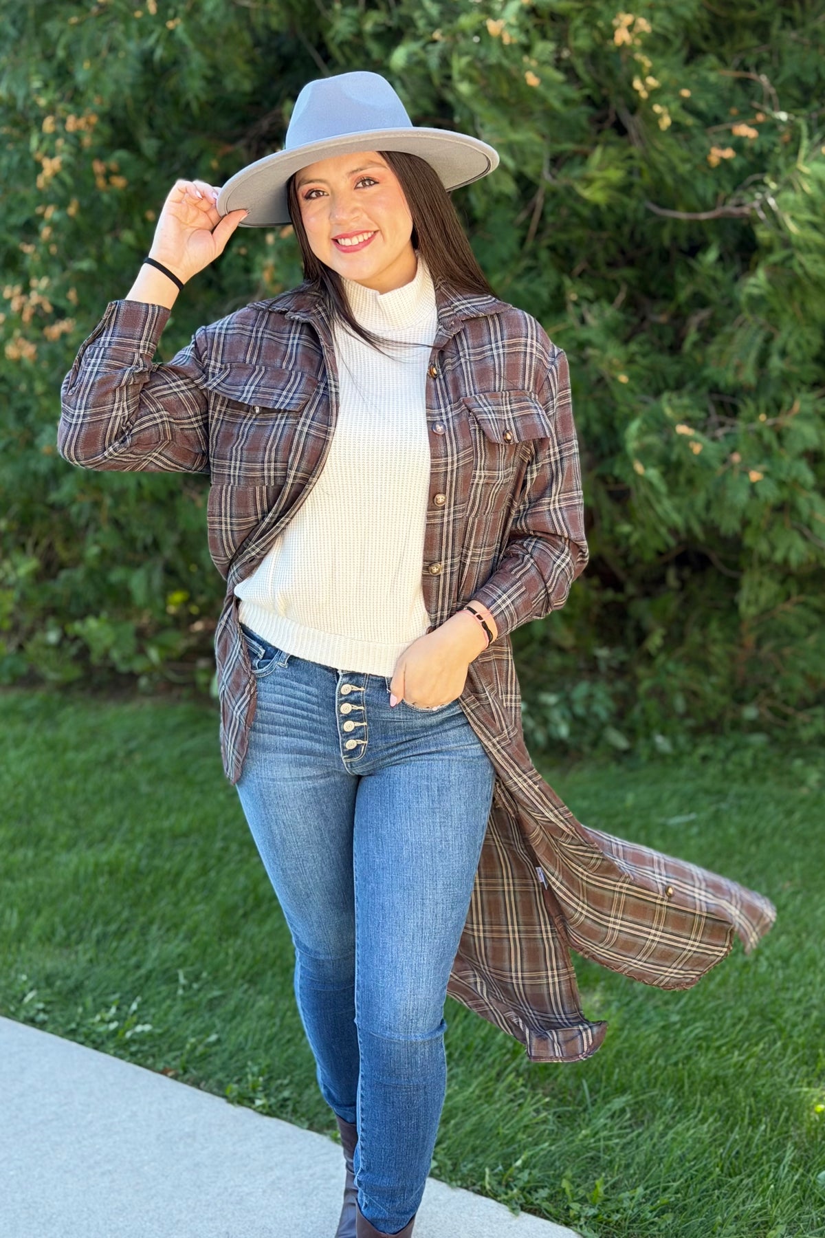 Long Plaid Jacket - Brown, Cream & Blue
