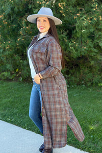 Long Plaid Jacket - Brown, Cream & Blue