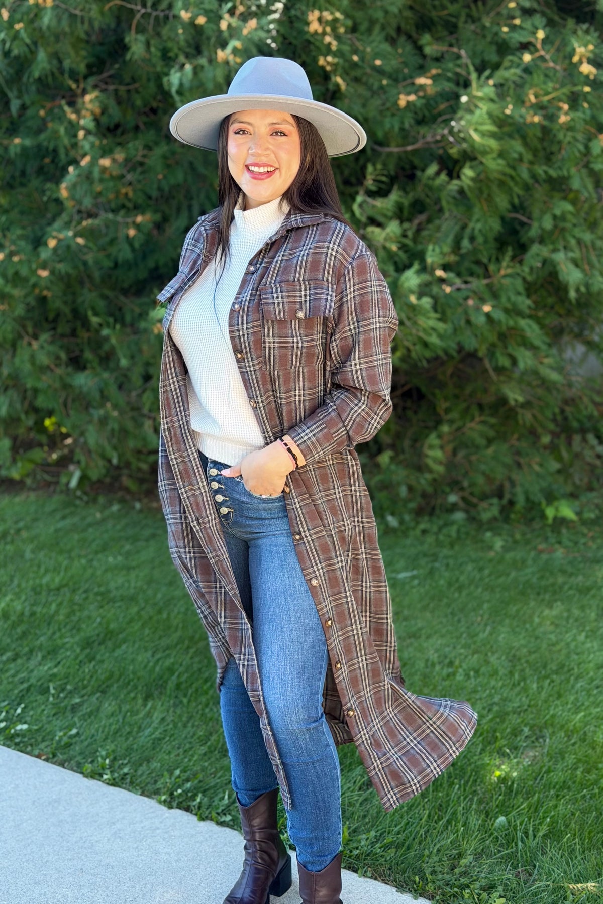 Long Plaid Jacket - Brown, Cream & Blue