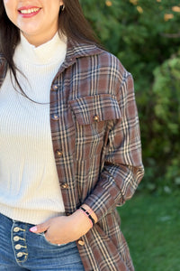 Long Plaid Jacket - Brown, Cream & Blue