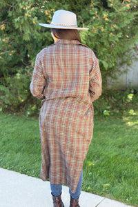 Long Plaid Jacket - Brown, Cream & Blue