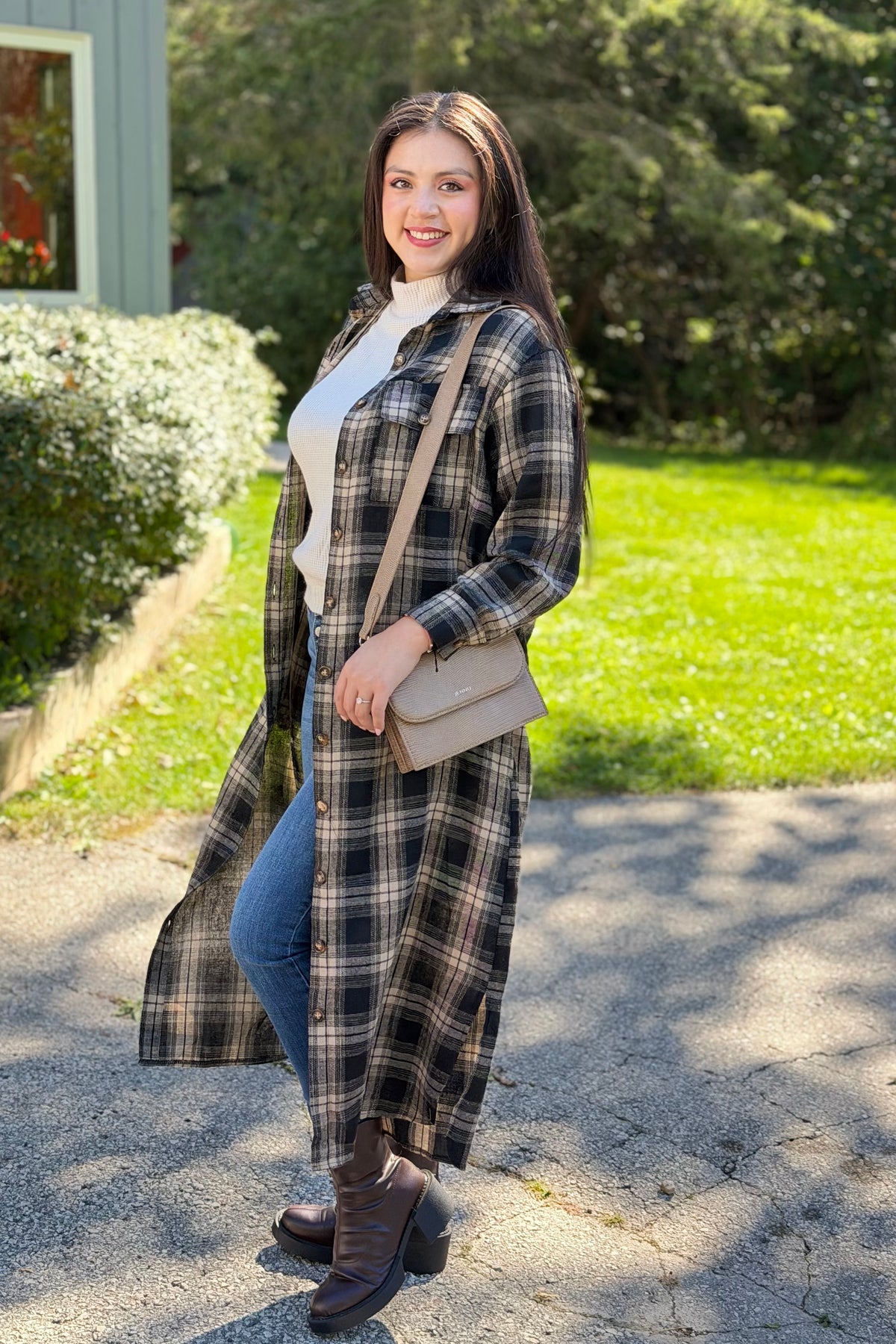 Long Plaid Jacket - Black & Tan