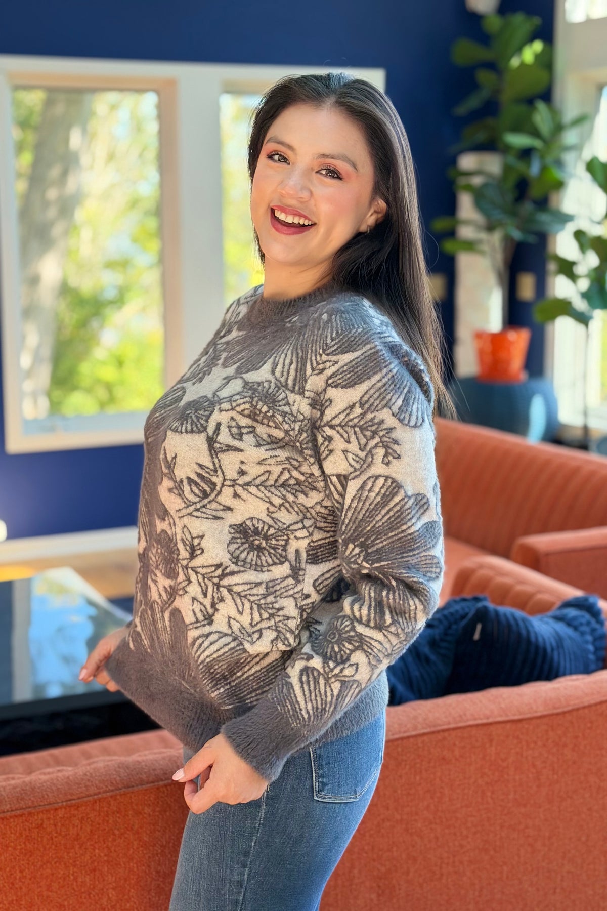 Contrast Trim Crew Neck Floral Knit