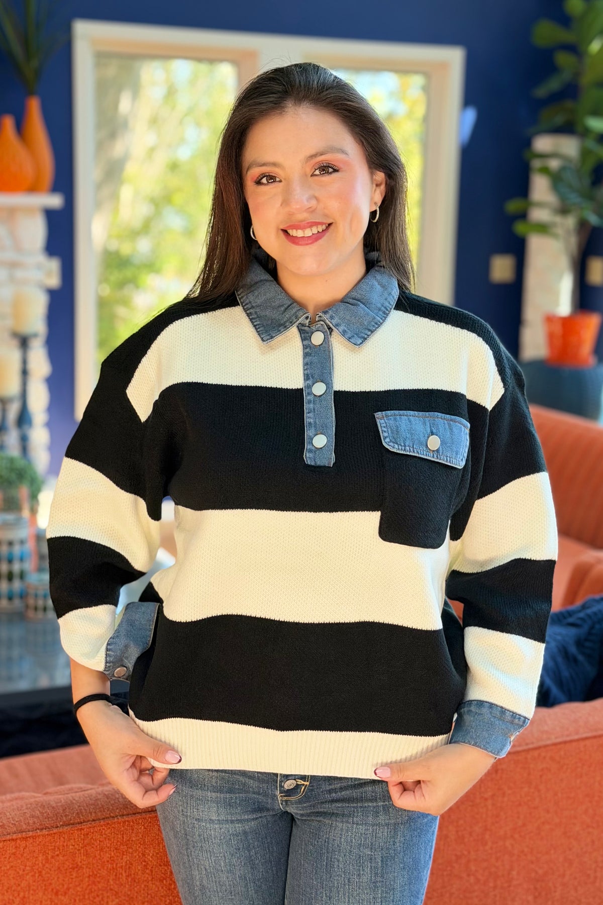 Striped Denim Collar Sweater - Black