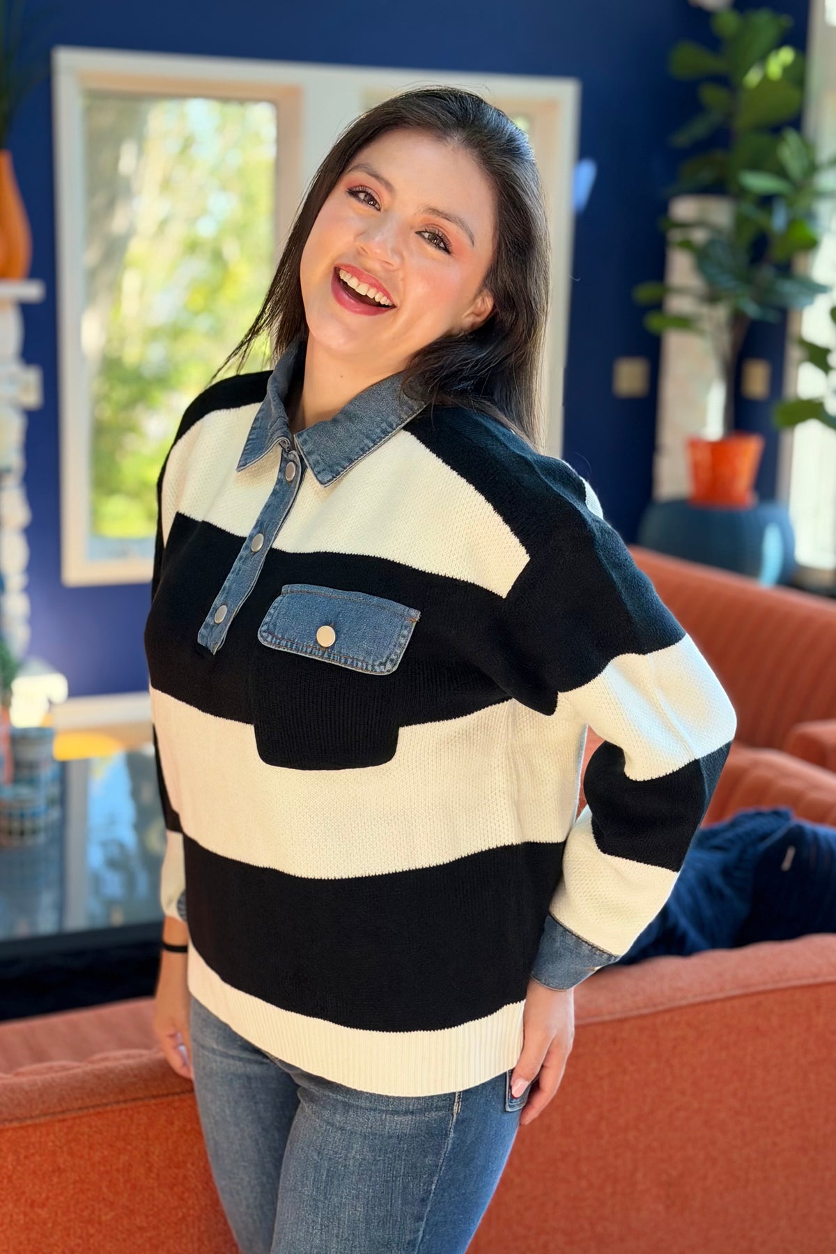 Striped Denim Collar Sweater - Black