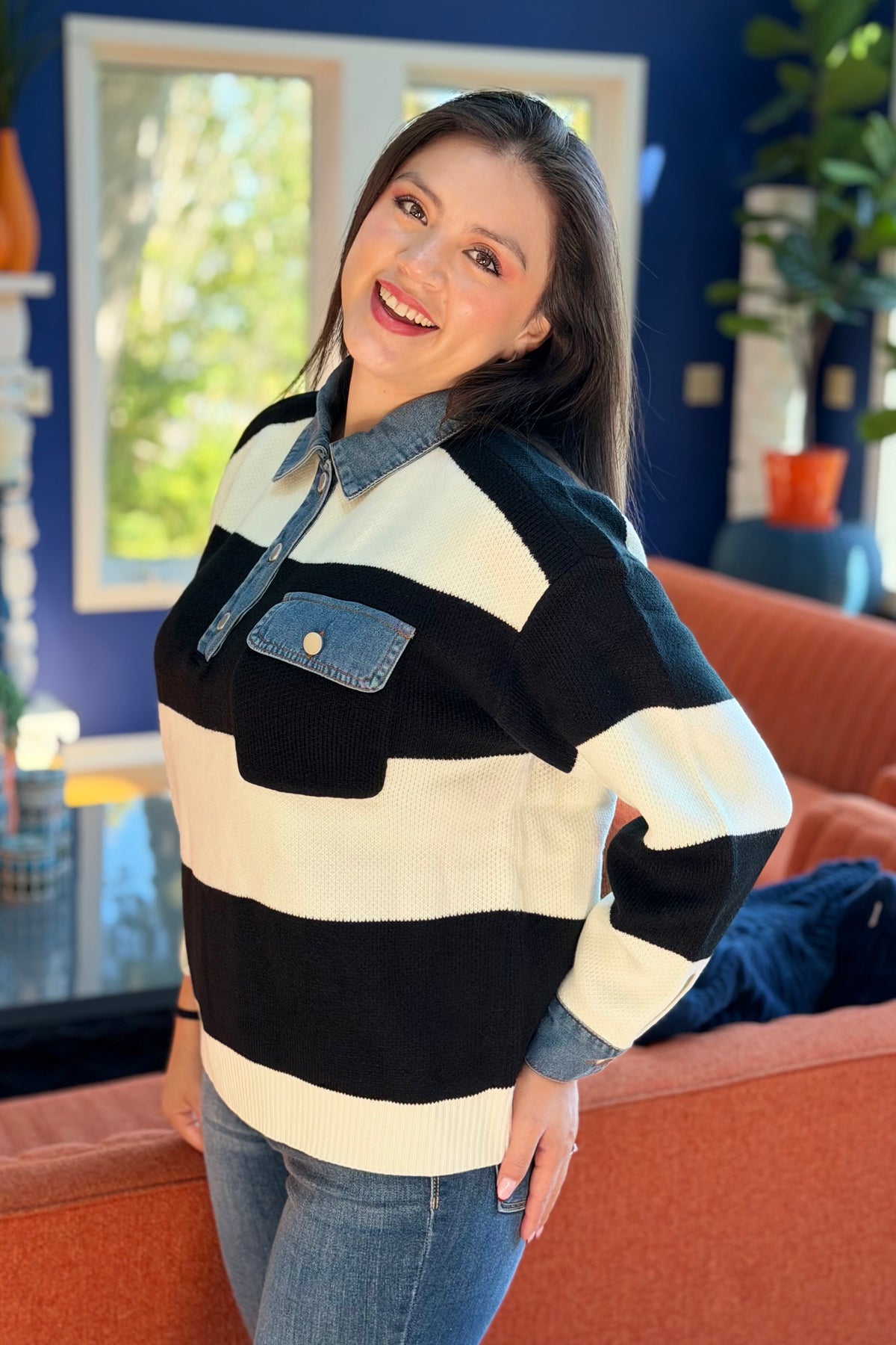 Striped Denim Collar Sweater - Black