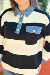 Striped Denim Collar Sweater - Black
