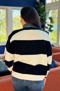 Striped Denim Collar Sweater - Black