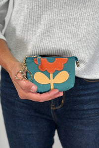 Flower Leather Coin Purse w/Keychain - Blue