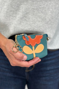 Flower Leather Coin Purse w/Keychain - Blue