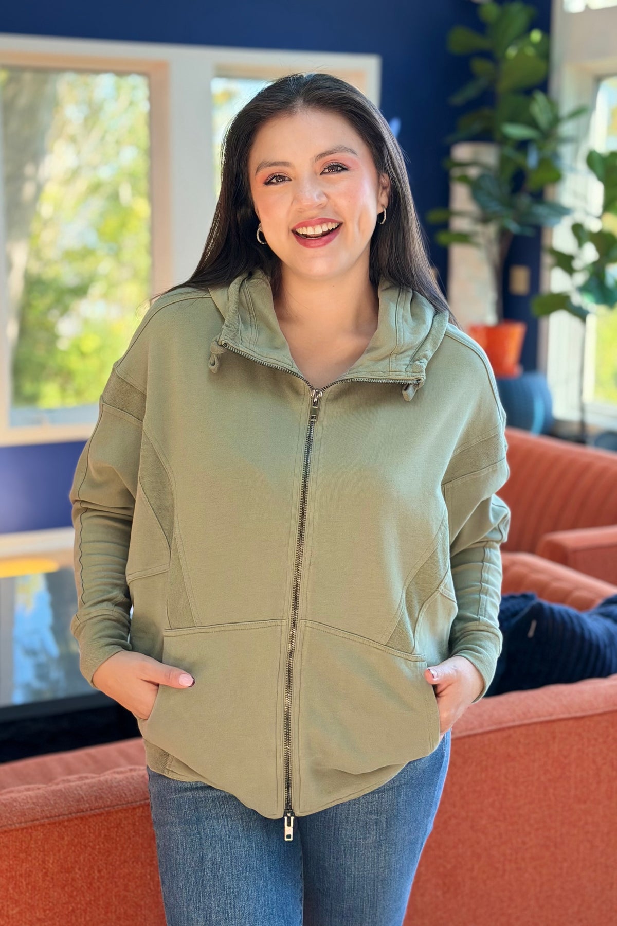French Terry Oversized Zip Up Hoodie - Olive