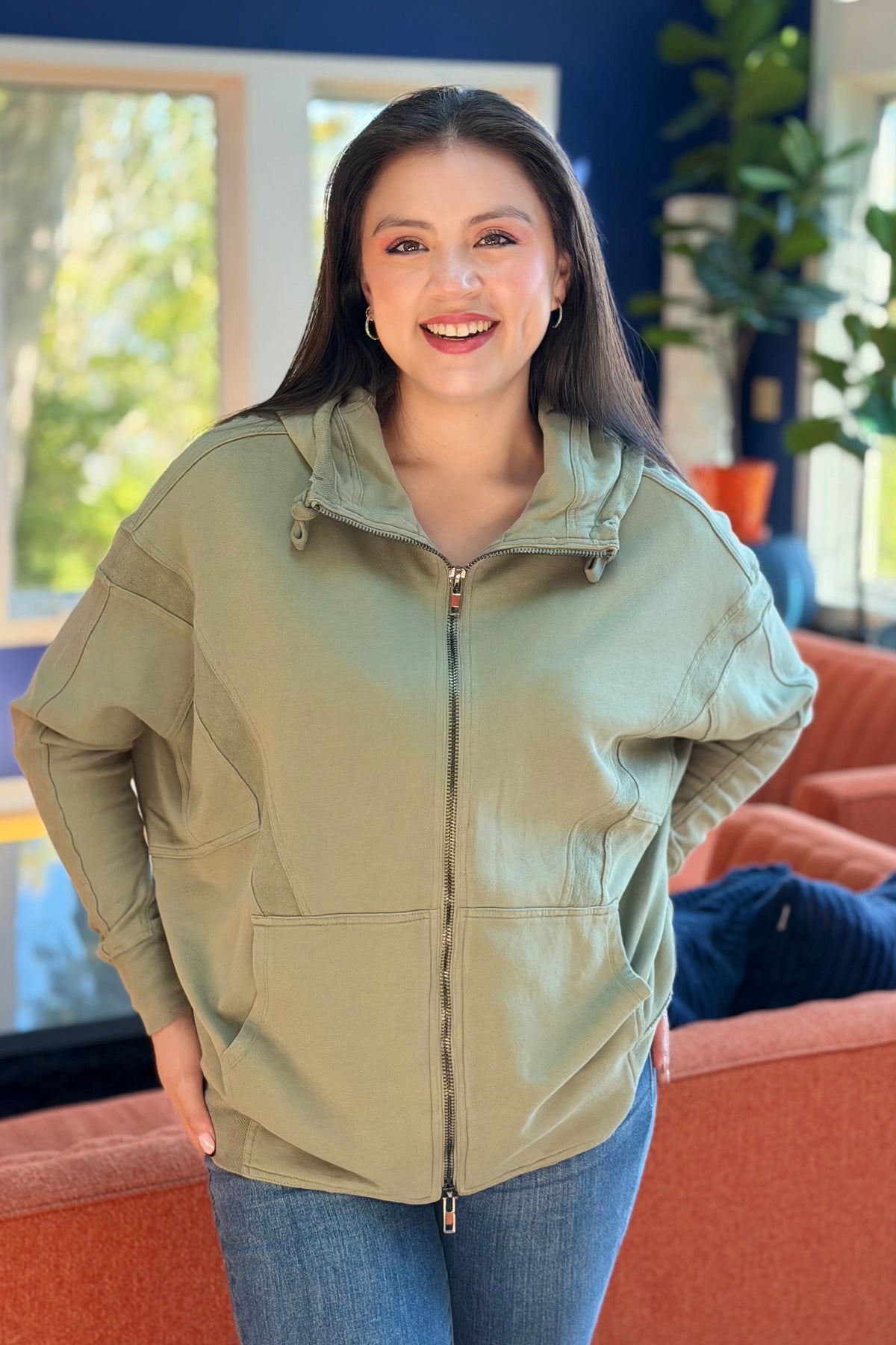 French Terry Oversized Zip Up Hoodie - Olive