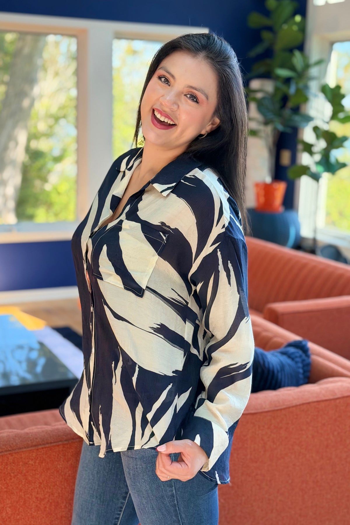 Abstract Button Up Top - Navy