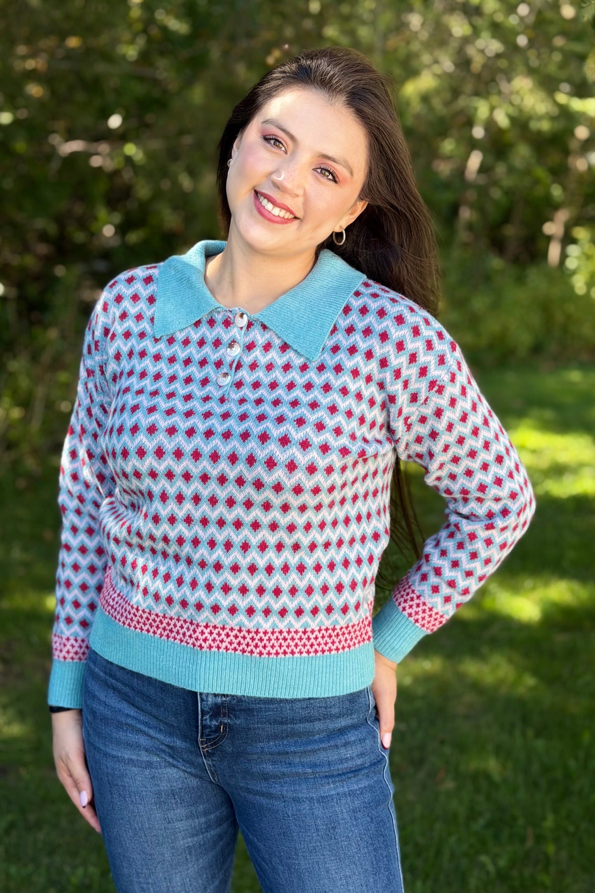 Collared Geometric Sweater - Sky