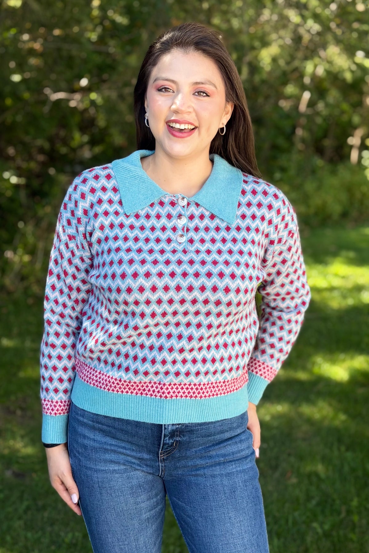 Collared Geometric Sweater - Sky
