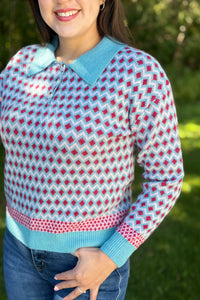 Collared Geometric Sweater - Sky