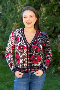 Floral & Animal Jacquard Cardigan - Red