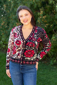 Floral & Animal Jacquard Cardigan - Red