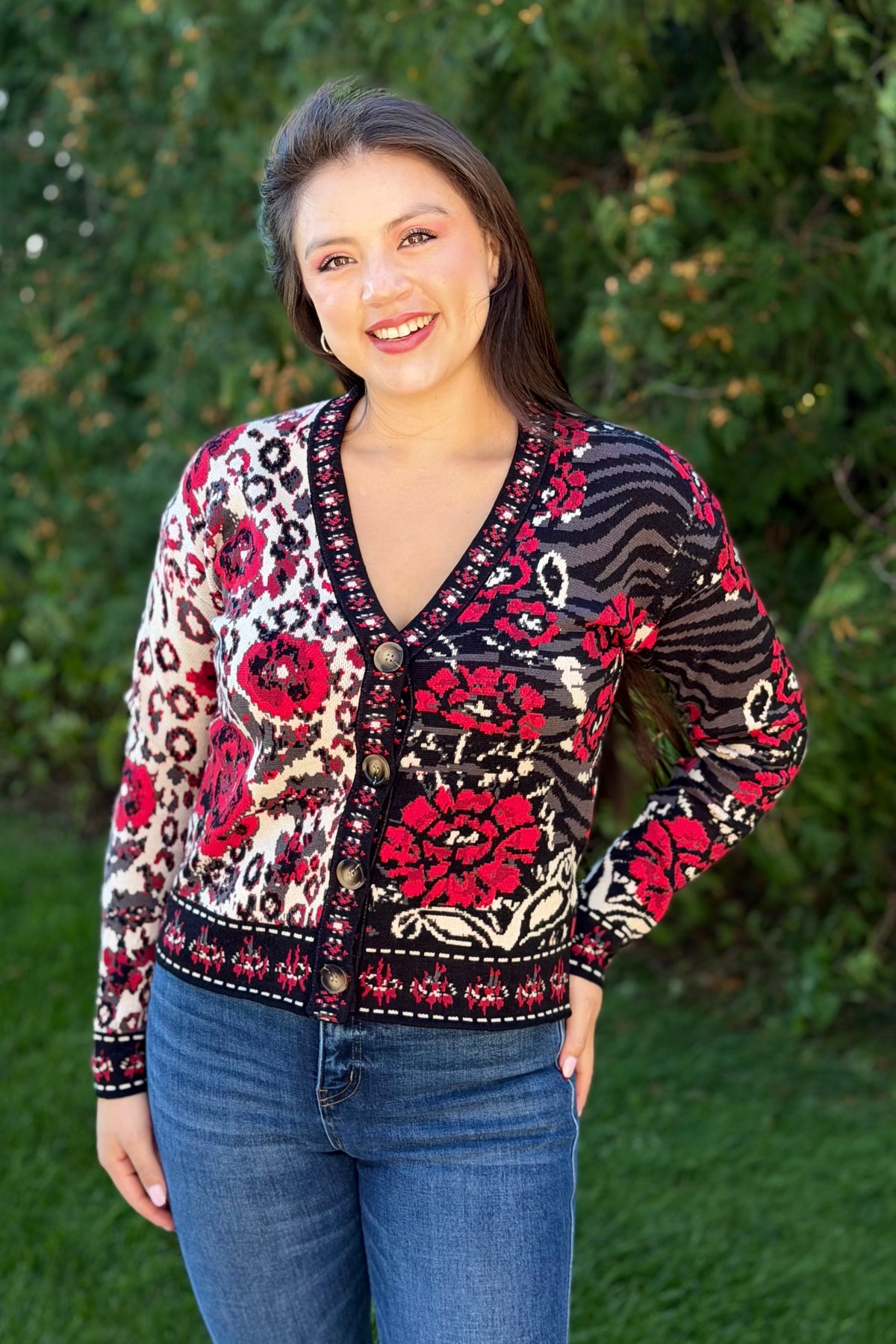 Floral & Animal Jacquard Cardigan - Red