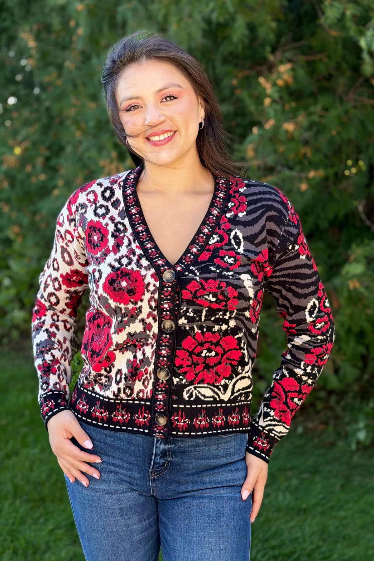 Floral & Animal Jacquard Cardigan - Red