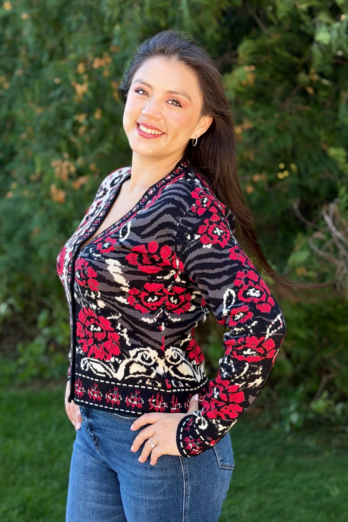Floral & Animal Jacquard Cardigan - Red