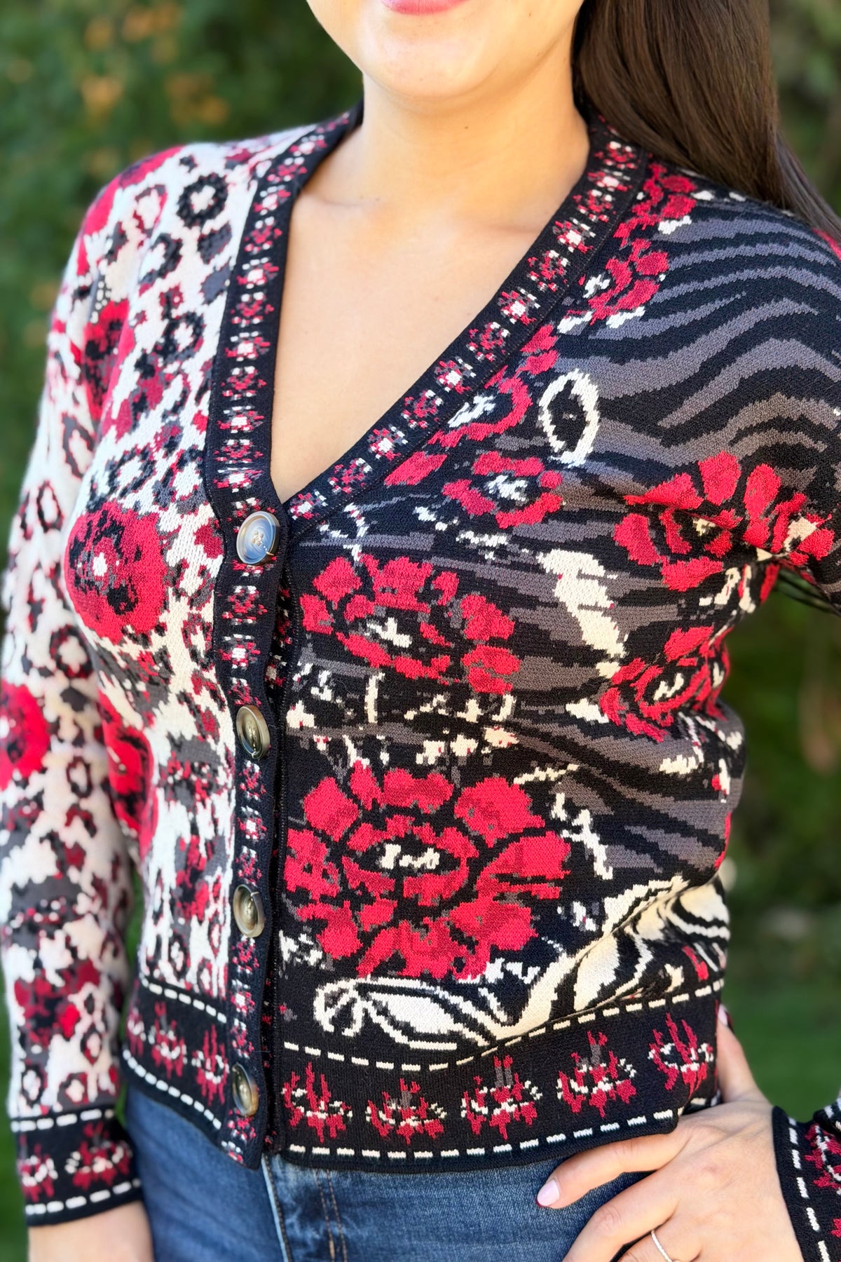 Floral & Animal Jacquard Cardigan - Red