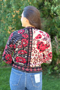 Floral & Animal Jacquard Cardigan - Red