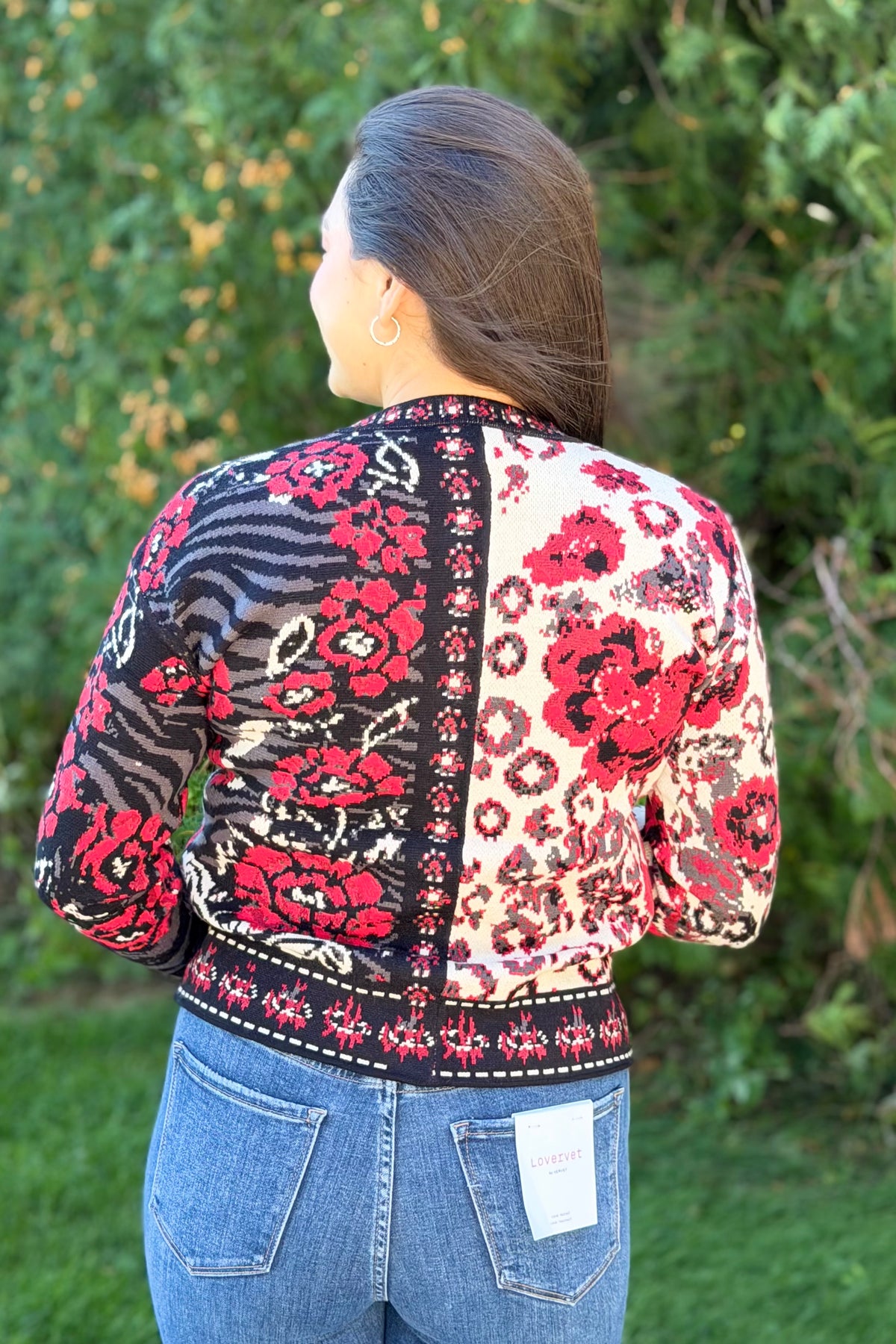 Floral & Animal Jacquard Cardigan - Red