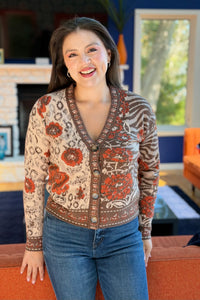 Floral & Animal Jacquard Cardigan - Rust