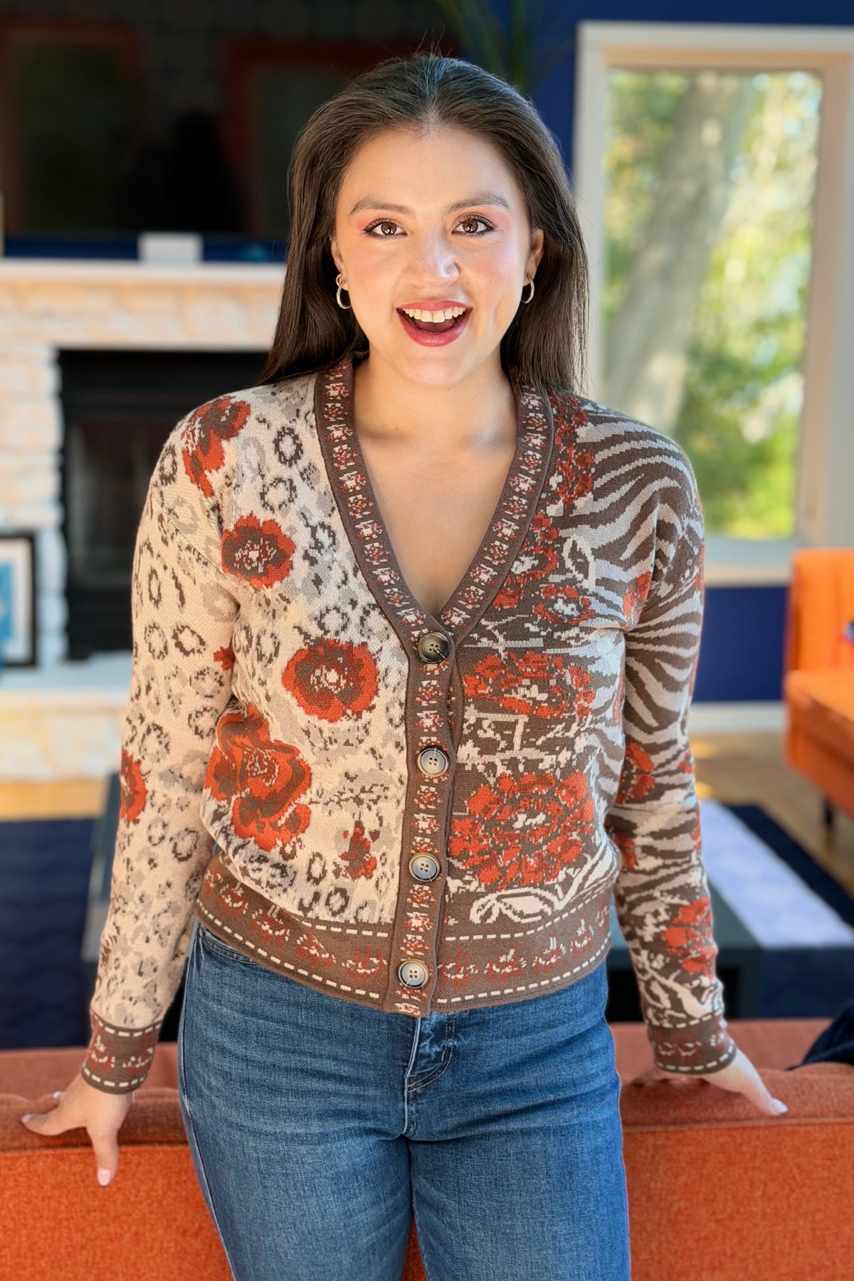 Floral & Animal Jacquard Cardigan - Rust