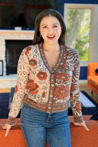 Floral & Animal Jacquard Cardigan - Rust