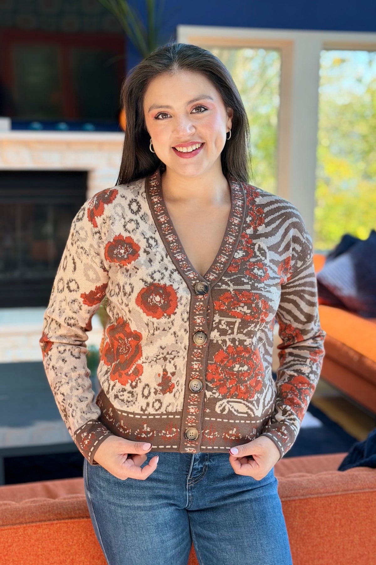 Floral & Animal Jacquard Cardigan - Rust