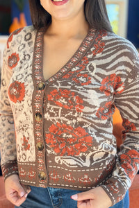 Floral & Animal Jacquard Cardigan - Rust