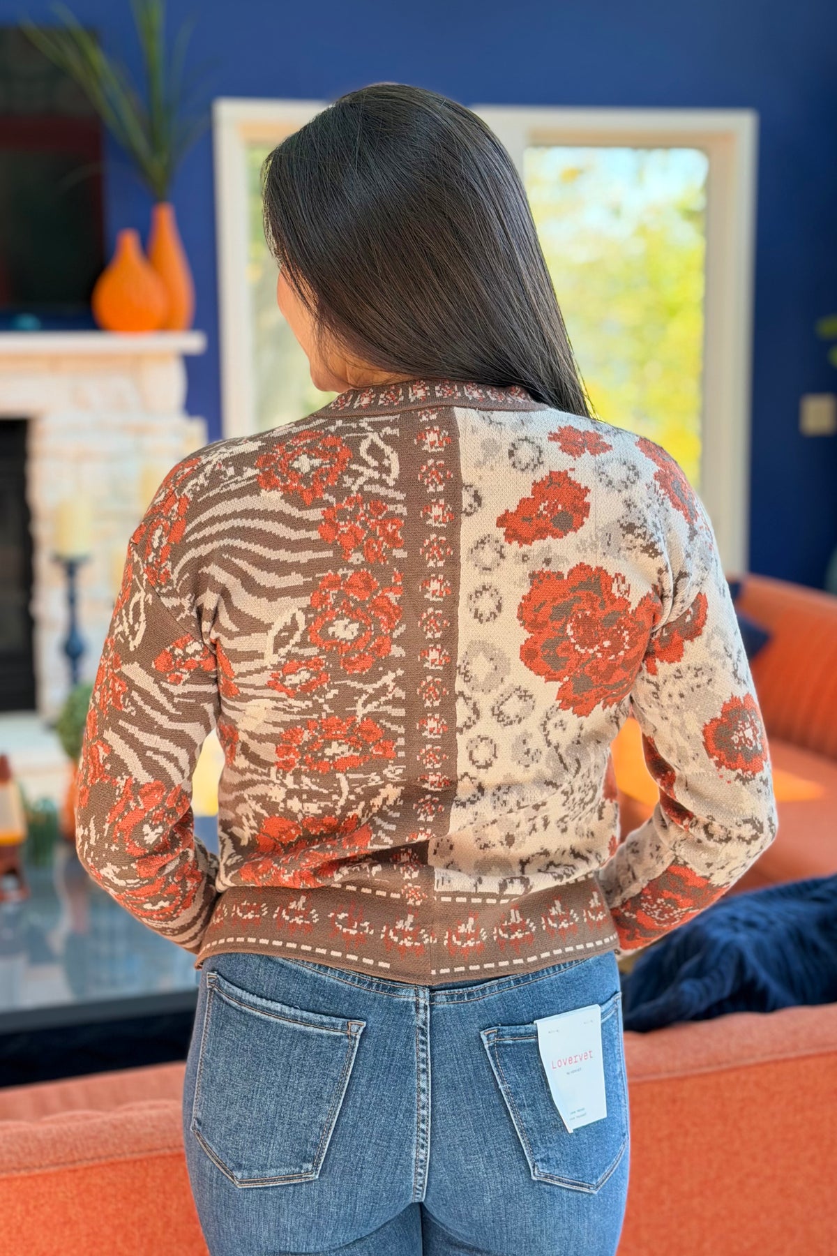 Floral & Animal Jacquard Cardigan - Rust