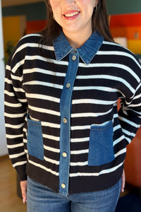 Denim Button Down Cardigan - Black