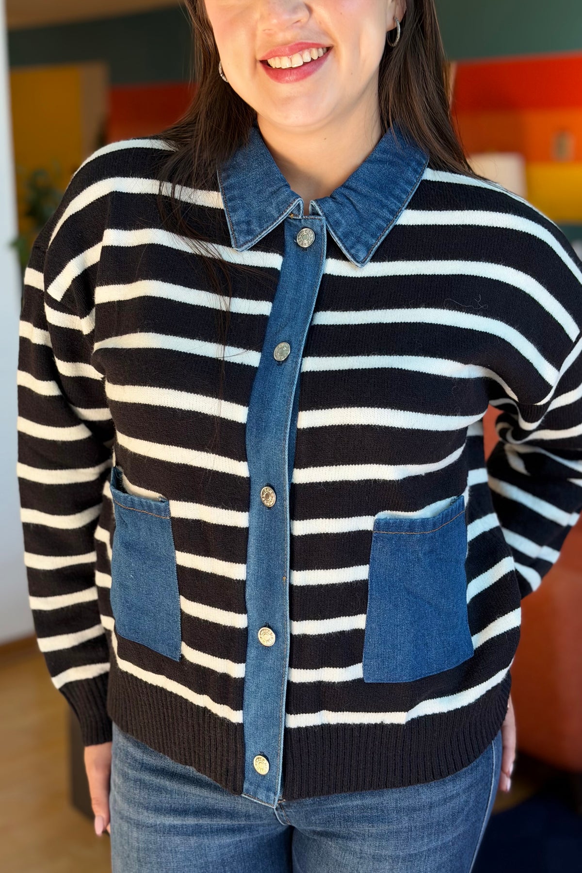 Denim Button Down Cardigan - Black