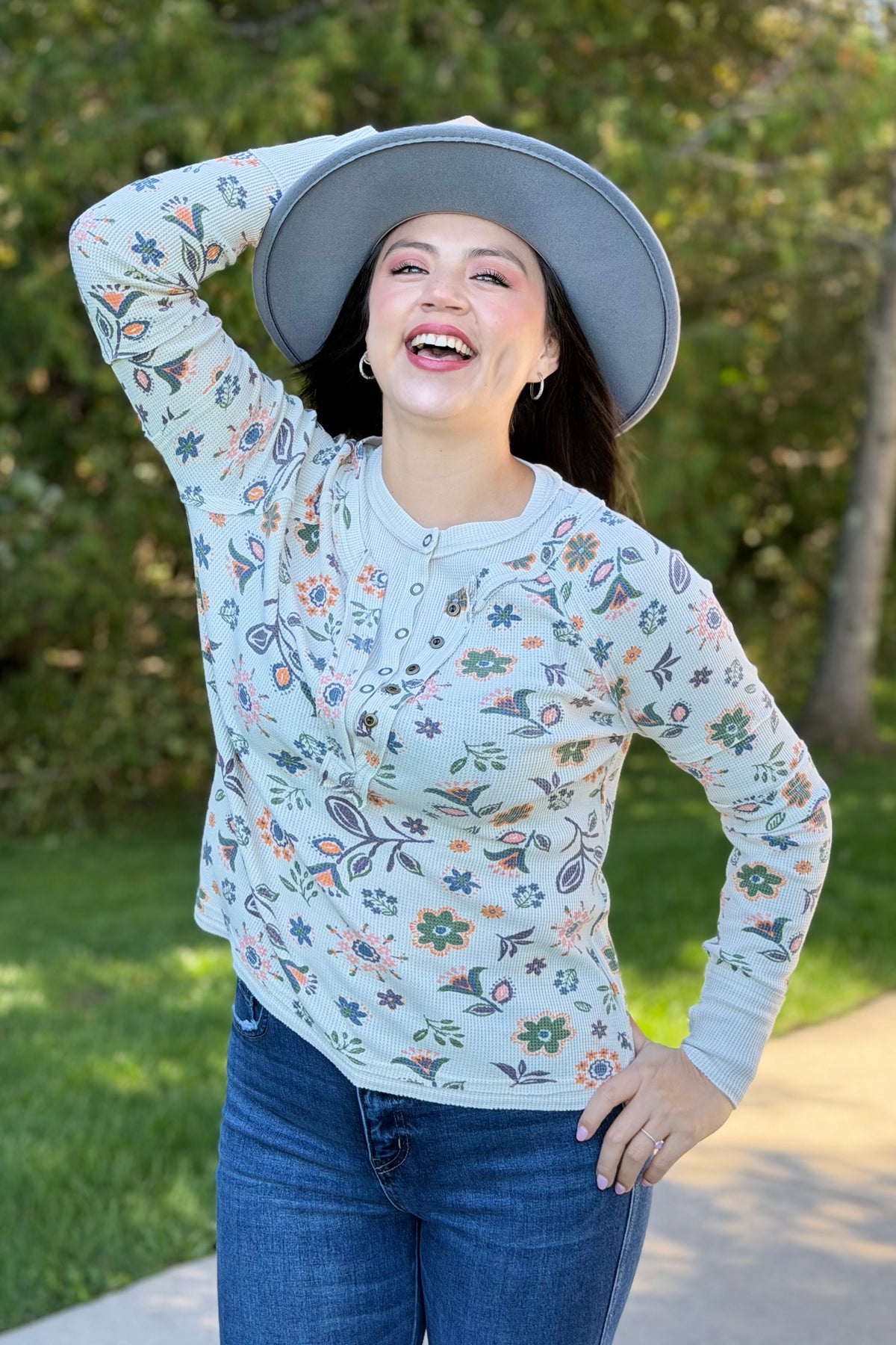 Floral Henley Thumbhole - Blush