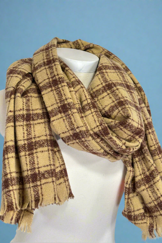 Burgundy and tan plaid winter scarf with slight metallic thread detail.