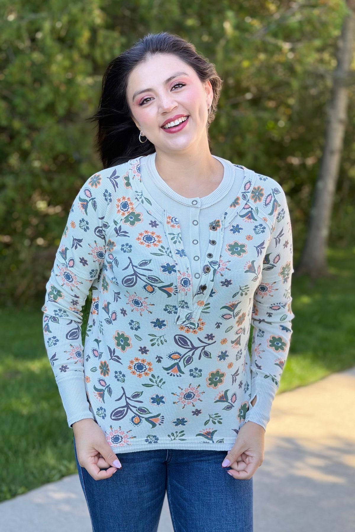 Floral Henley Thumbhole - Blush
