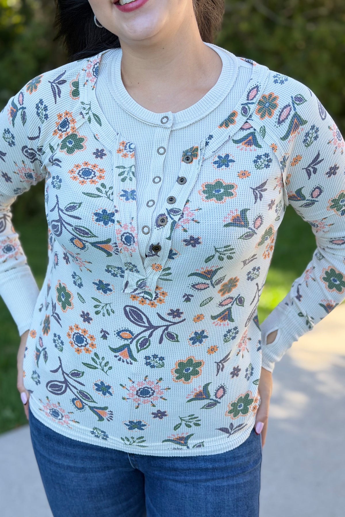 Floral Henley Thumbhole - Blush