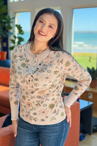 Floral Henley Thumbhole - Ecru