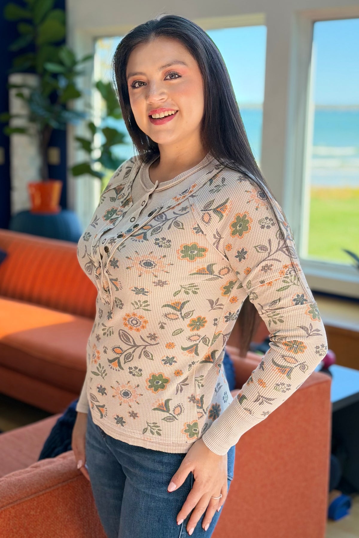 Floral Henley Thumbhole - Ecru